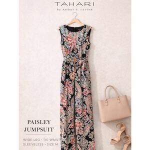 Tahari Arthur S Levine Paisley Jumpsuit Wide Leg Tie Waist Sleeveless size 12